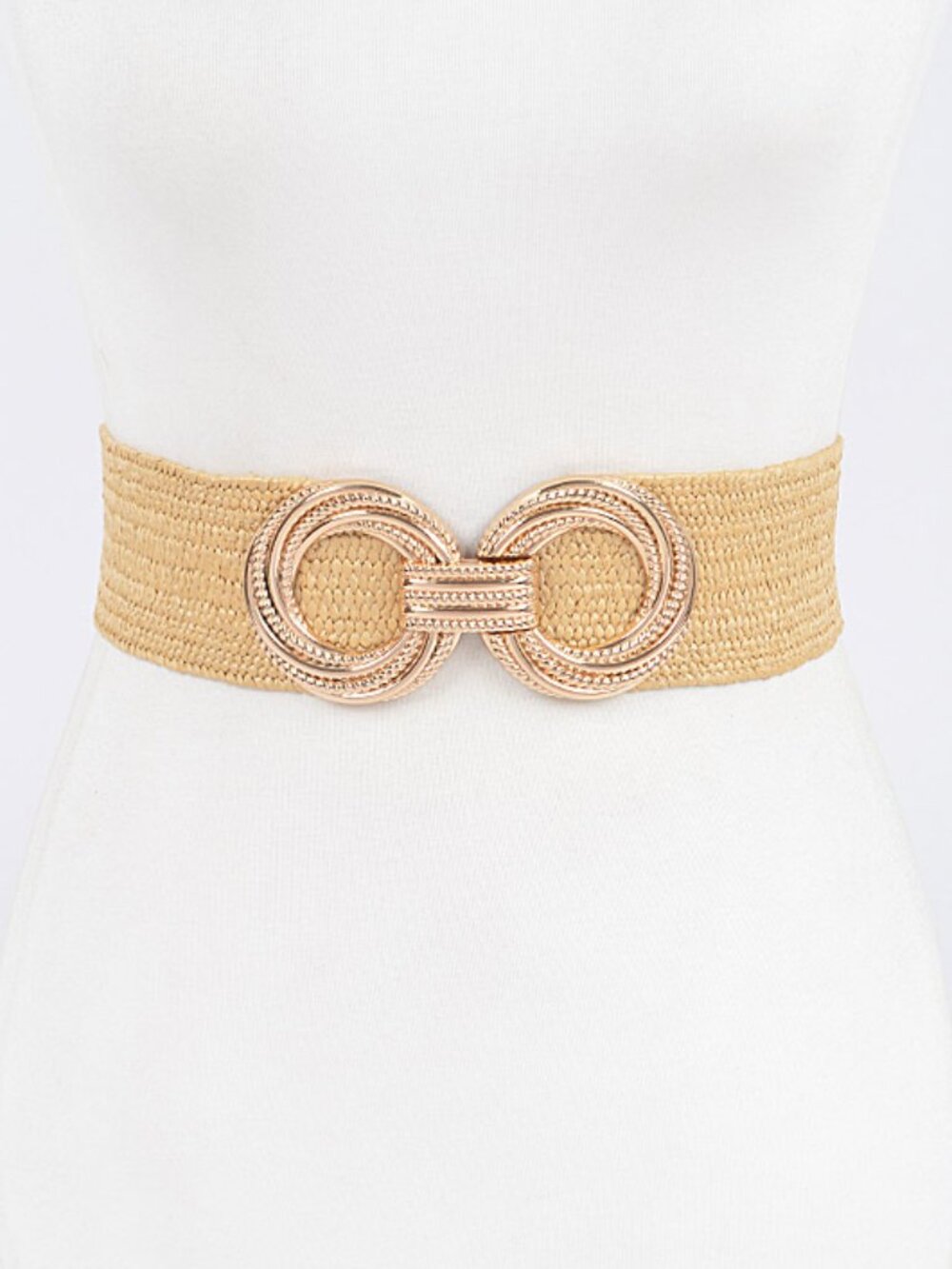 BNWT Gold Metal Buckle Natural Straw Color Elastic Belt Straw Stretch Belt